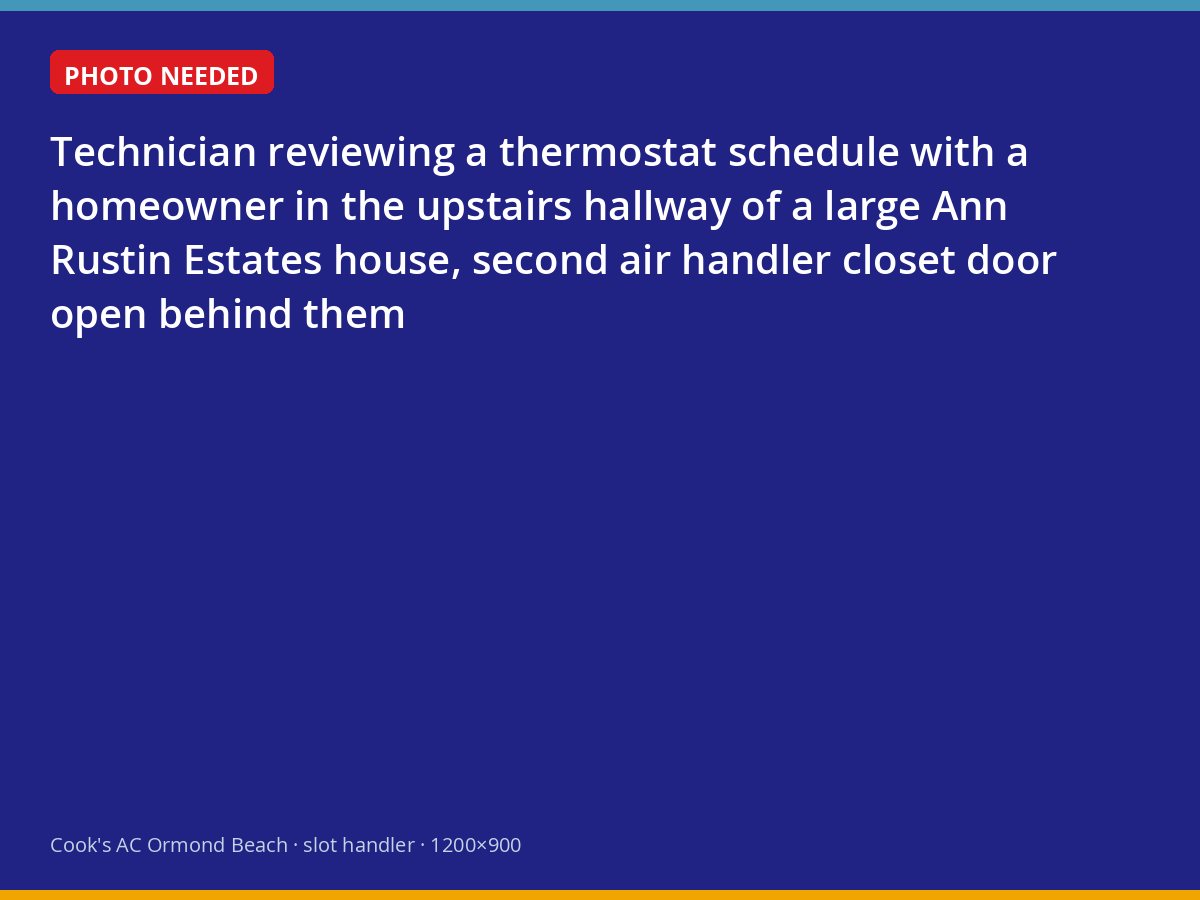 Cook's technician and homeowner reviewing thermostat settings outside an upstairs air handler closet in Ann Rustin Estates