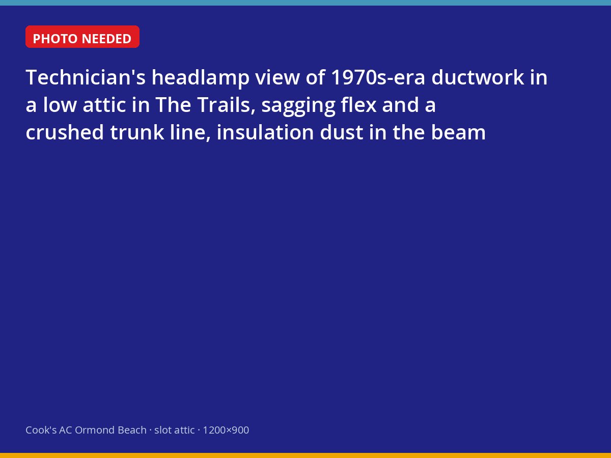 Original 1970s attic ductwork with sagging and crushed sections in a home in The Trails