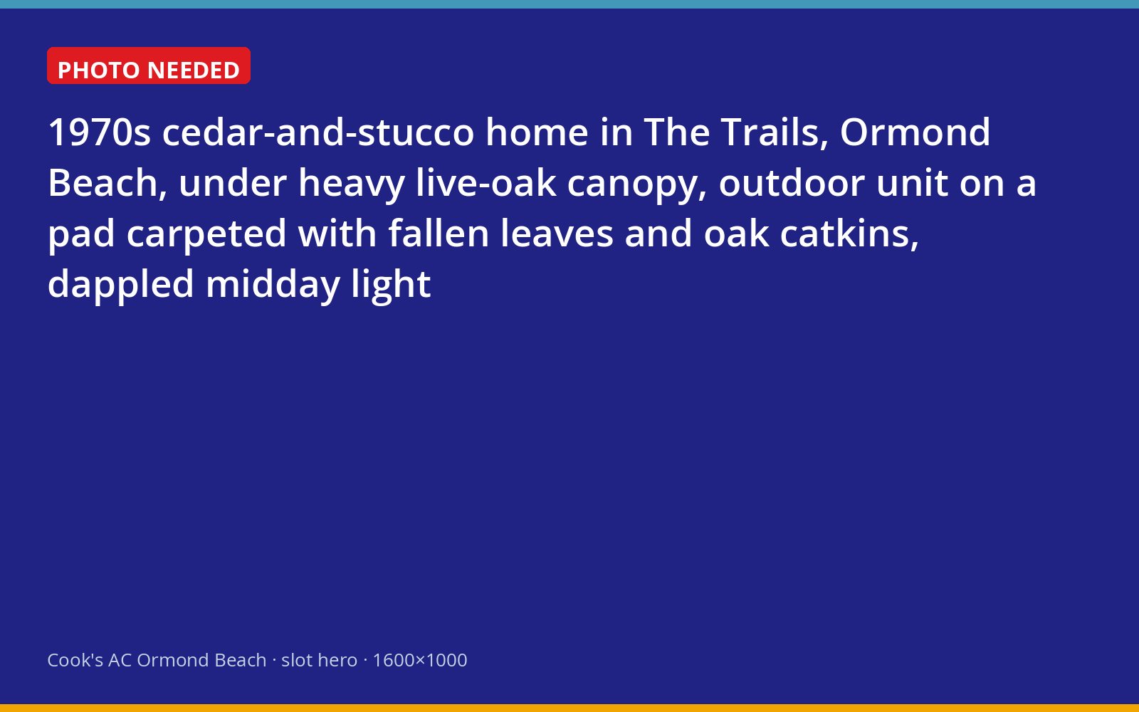 1970s home in The Trails with an outdoor air conditioner buried in oak leaves beneath the canopy