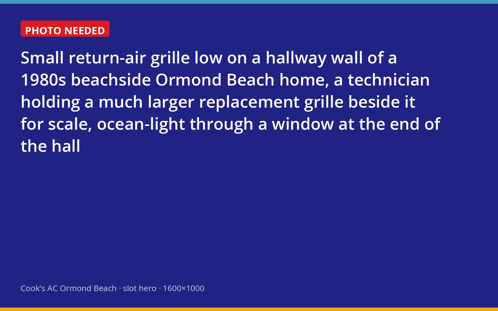 Technician comparing a tiny original return grille with a full-size replacement in a 1980s beachside home
