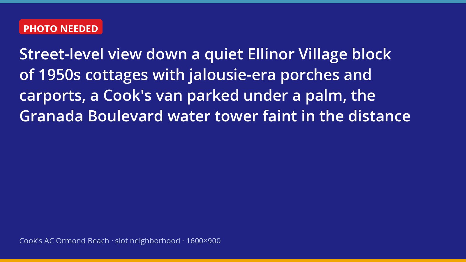 Cook's service van parked on a street of mid-century cottages in Ormond Beach's Ellinor Village