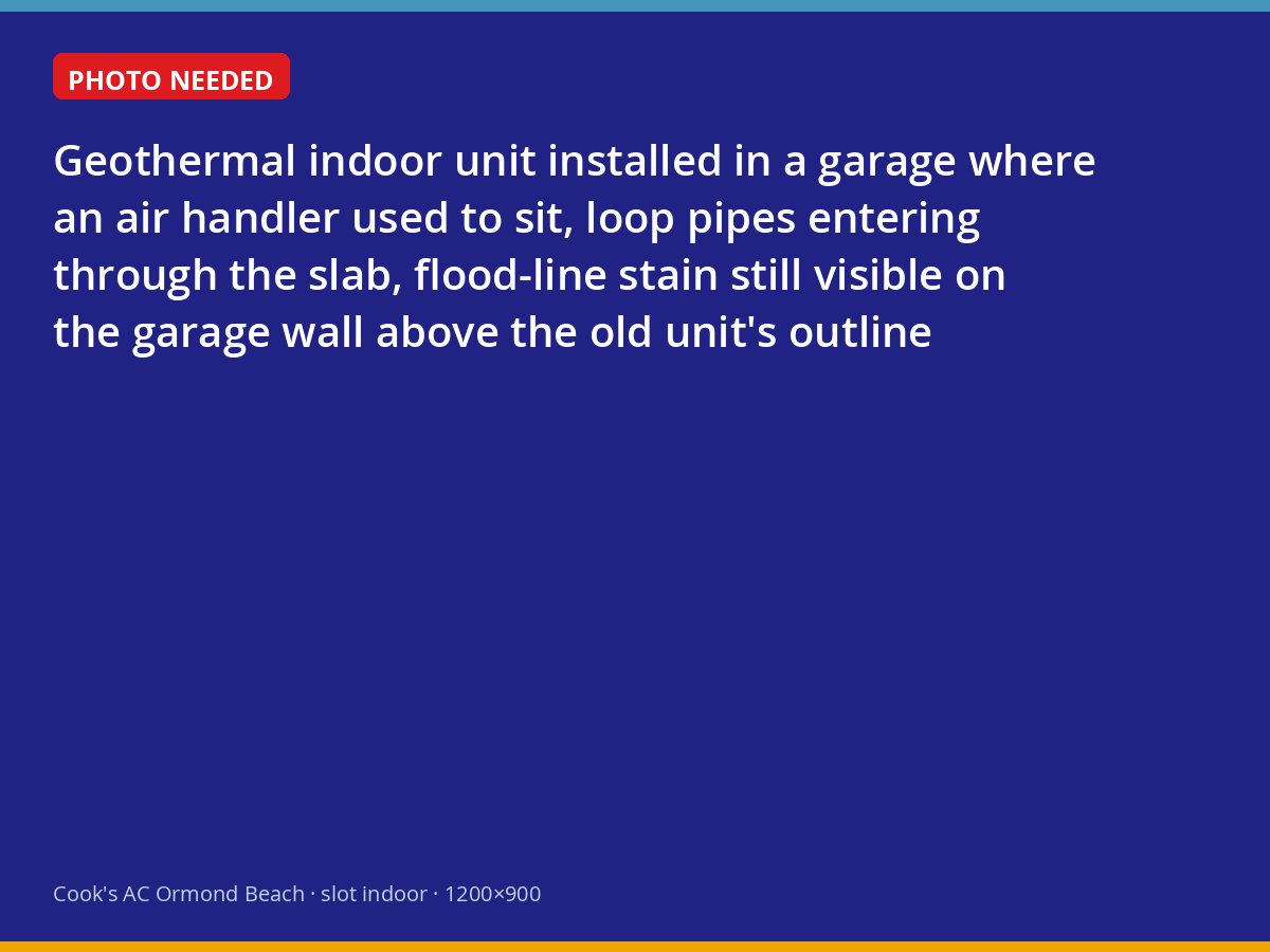 Geothermal indoor unit replacing a flooded air handler in a Tomoka Oaks garage