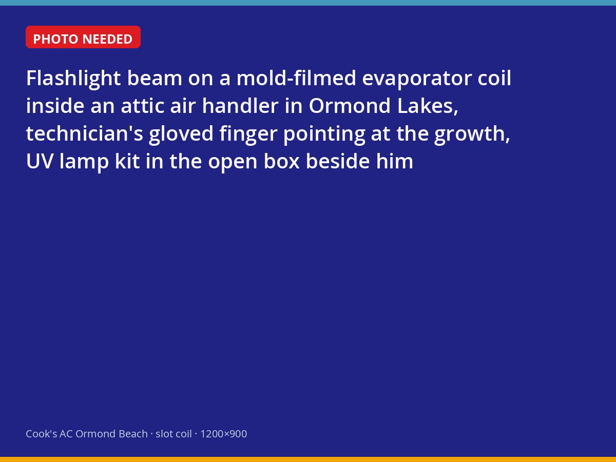 Mold film on an evaporator coil in an Ormond Lakes attic air handler before UV treatment