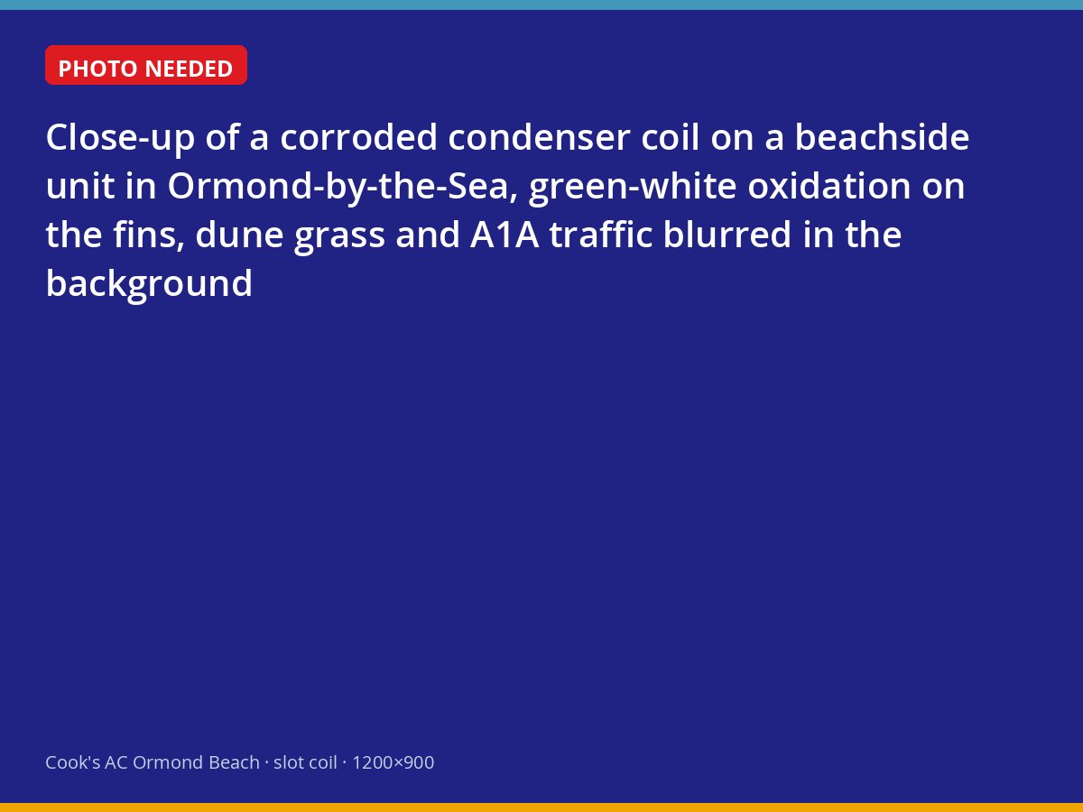 Salt-corroded condenser coil fins on an Ormond-by-the-Sea air conditioner